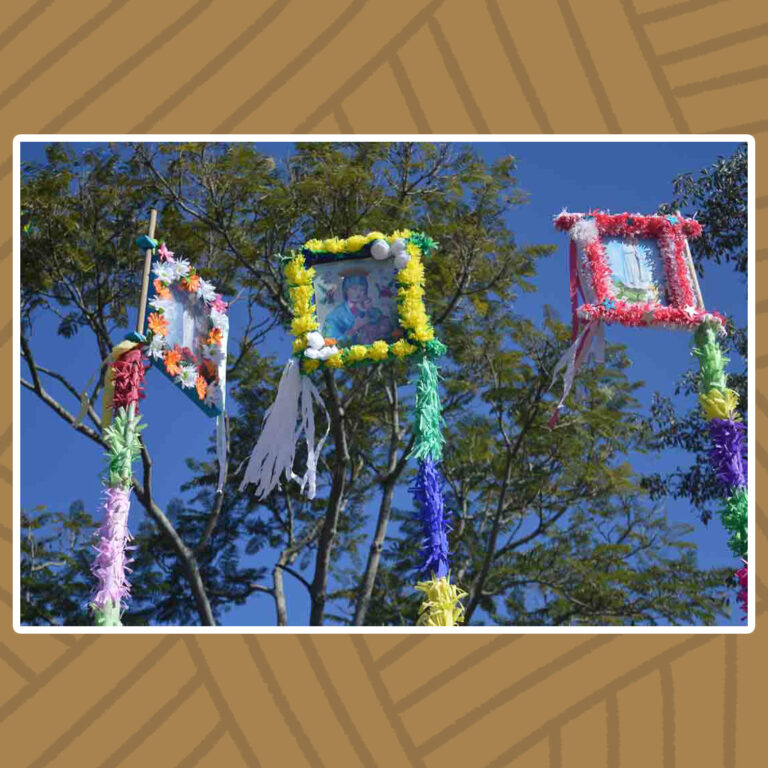 Para todos verem: Em um dia de céu aberto, sob grandes árvores de galhos espaçados e frondosos, três mastros de bandeiras estão erguidos. São grandes hastes ornadas com fitilhos de cores variadas e, ao topo, uma moldura com uma imagem de devoção. A bandeira à esquerda tem fitas em lilás, verde e vermelho. Nela, uma imagem não identificada está emoldurada por flores brancas e laranjas. A bandeira ao centro tem fitas em amarelo, azul e verde. Nela, a imagem de Nossa Senhora do Perpétuo Socorro está emoldurada por flores amarelas. A bandeira à direita tem fitas em cor-de-rosa, verde, roxo, amarelo e verde. Nela, a imagem de Nossa Senhora de Fátima está emoldurada por flores rosadas.