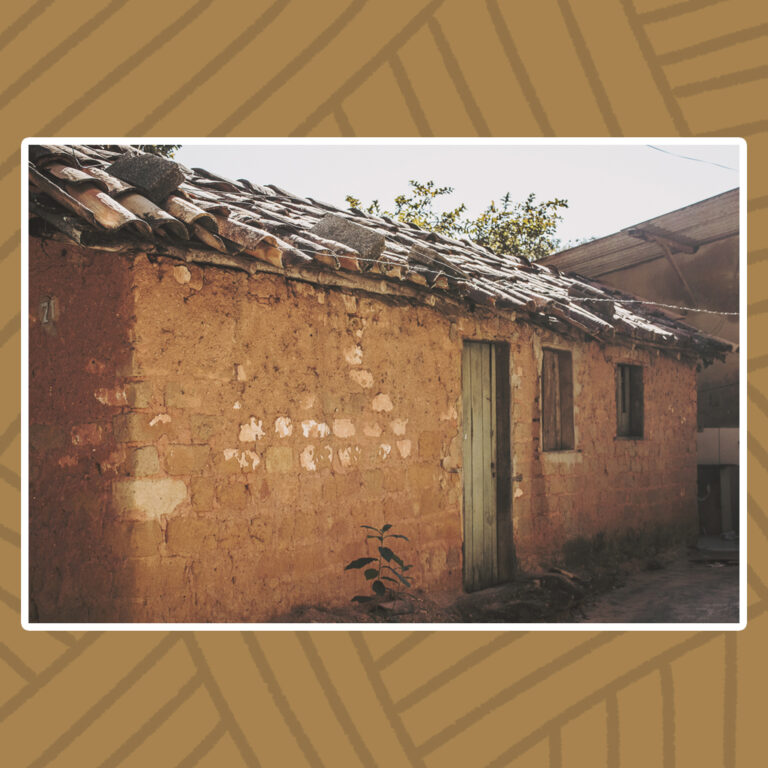 Para todos verem: Em um fundo de quintal, está a Casa Centenária. De andar único e de paredes de bloco de concreto simples, além do acabamento de reboco em argila. Ao centro da construção, uma porta de tábuas de madeira rústica e sem acabamento. À direita, duas janelas de madeira rústica, semelhantes à porta. O telhado é triangular simples, de telhas coloniais, algumas sustentadas por blocos de concreto em cima.