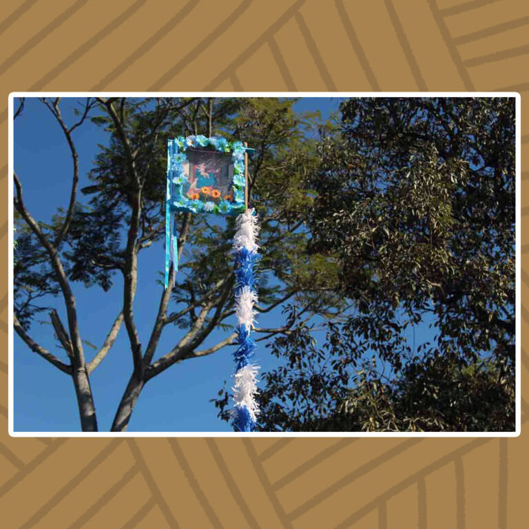 Para todos verem: Céu aberto e azulado se impõe contra a predominância das copas das árvores verdejantes. O azul do céu reforça as faixas de tiras horizontais. Nas faixas de um mastro de bandeira. O azul-claro se torna mais forte e o branco mais alvejado comparado ao azul do céu. A moldura de flores azuis de miolo verde e faixas no mesmo tom de azul das flores, trazem a imagem de Nossa Senhora do Rosário, acima de flores amarelas. A imagem é retratada por uma virgem de manto azul, que carrega o menino Jesus no colo.